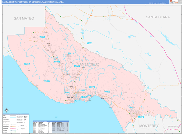 Santa Cruz-Watsonville Metro Area, CA Zip Code Map - Color Cast