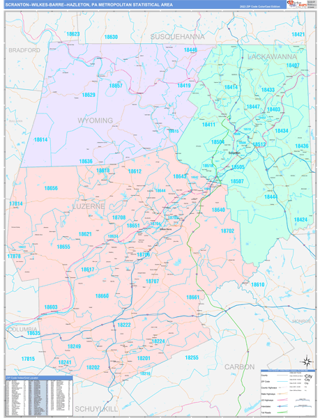 Scranton-Wilkes-Barre-Hazleton Metro Area, PA Zip Code Maps - Red Line