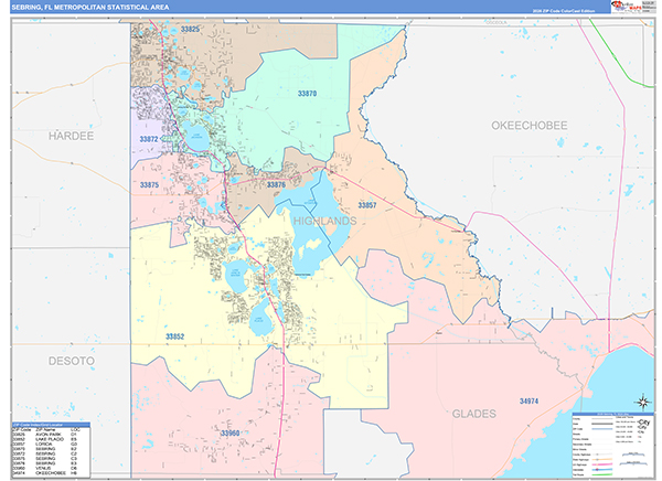 Sebring Metro Area Wall Map Color Cast Style