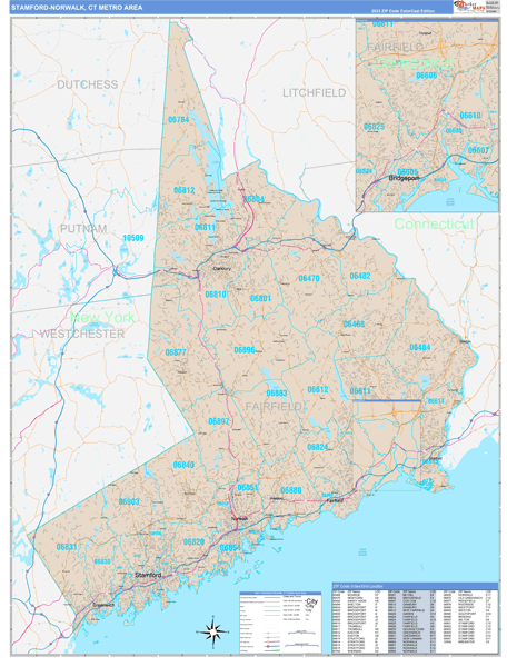 Stamford-Norwalk, CT Metro Area Wall Map Color Cast Style by MarketMAPS ...