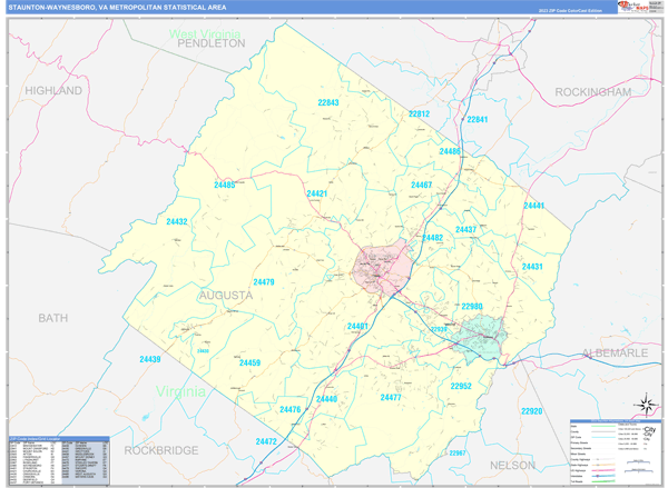 Staunton-Waynesboro Metro Area, VA Zip Code Wall Map - Color Cast