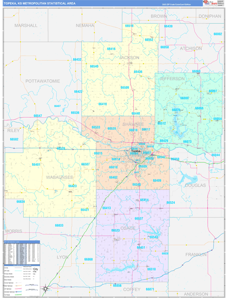 Topeka Metro Area Wall Map Color Cast Style