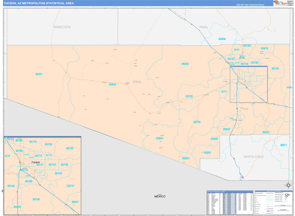 Tucson Metro Area Wall Map Color Cast Style