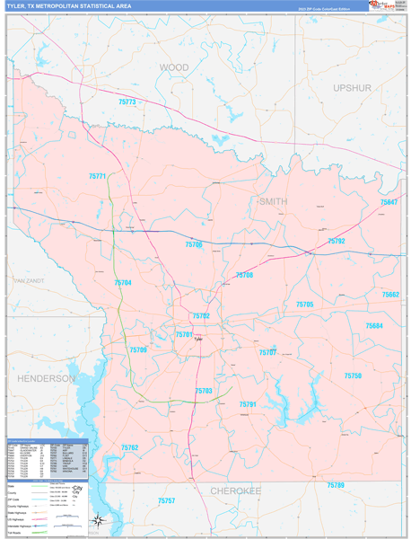 Tyler Metro Area Wall Map Color Cast Style