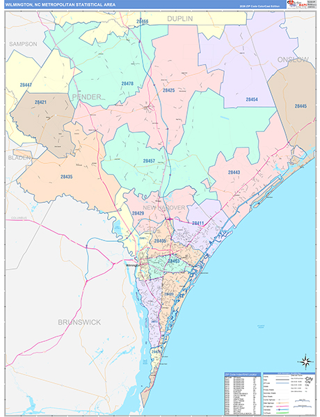 Wilmington Metro Area Wall Map Color Cast Style