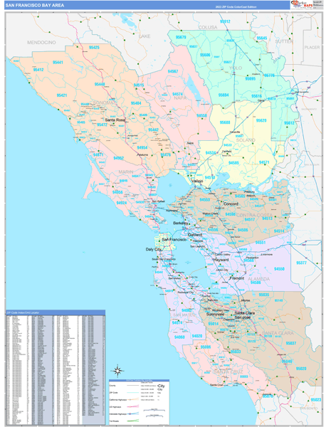 Bay Area, CA Metro Area Wall Map Color Cast Style by MarketMAPS - MapSales