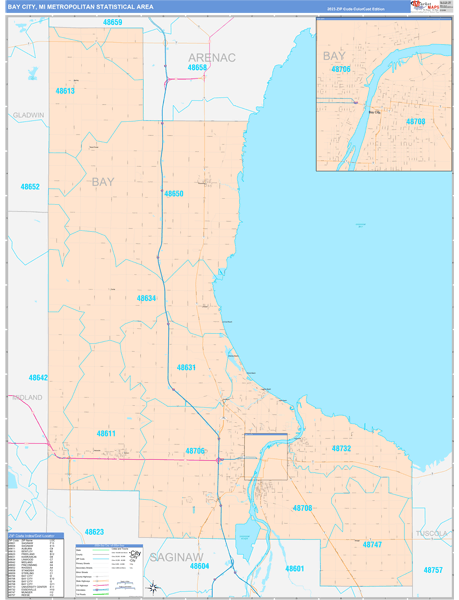 Bay City, MI Metro Area Wall Map Color Cast Style by MarketMAPS - MapSales