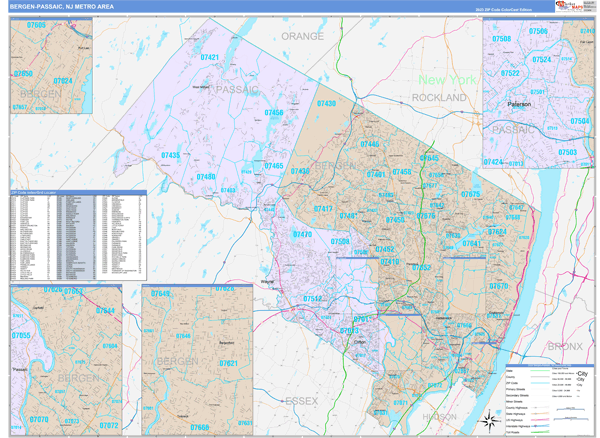 Bergen-Passaic, NJ Metro Area Wall Map Color Cast Style by MarketMAPS ...