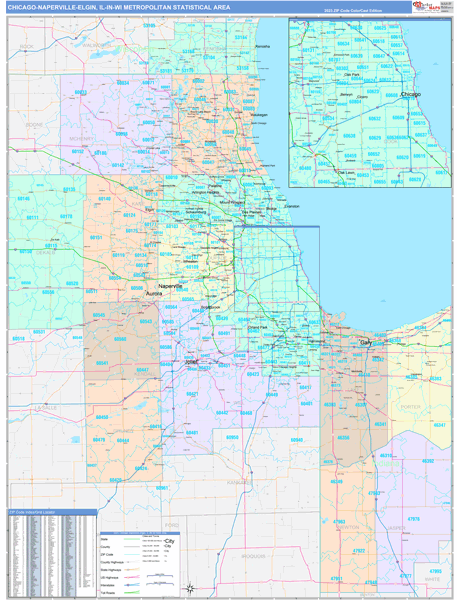 Chicago-Naperville-Elgin, IL Metro Area Wall Map Color Cast Style by ...