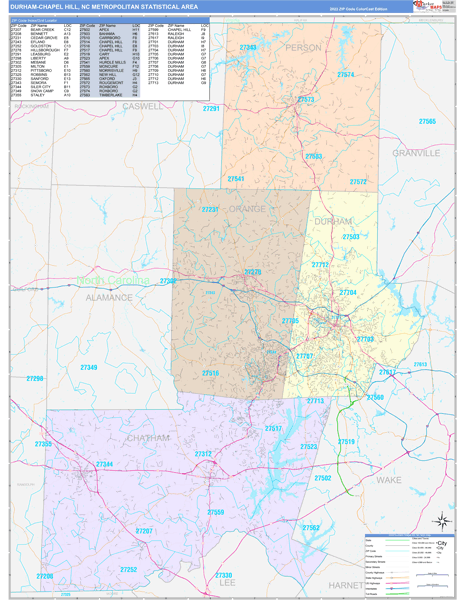 Durham-Chapel Hill, NC Metro Area Wall Map Color Cast Style by ...