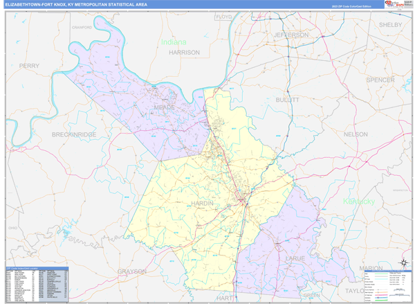 Elizabethtown-Fort Knox, KY Metro Area Wall Map Color Cast Style by ...