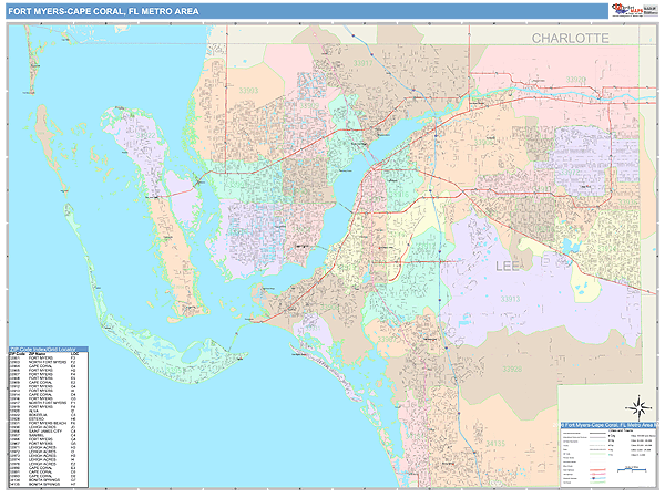 Fort Myers-Cape Coral, FL Metro Area Wall Map Color Cast Style by ...