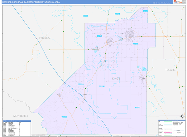 Hanford-Corcoran Metro Area, CA 5 Digit Zip Code Maps - Color Cast