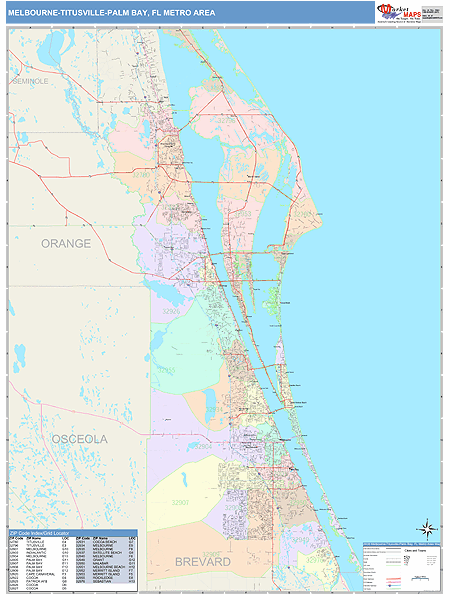 Melbourne-Titusville-Palm Bay, FL Metro Area Wall Map Color Cast Style ...