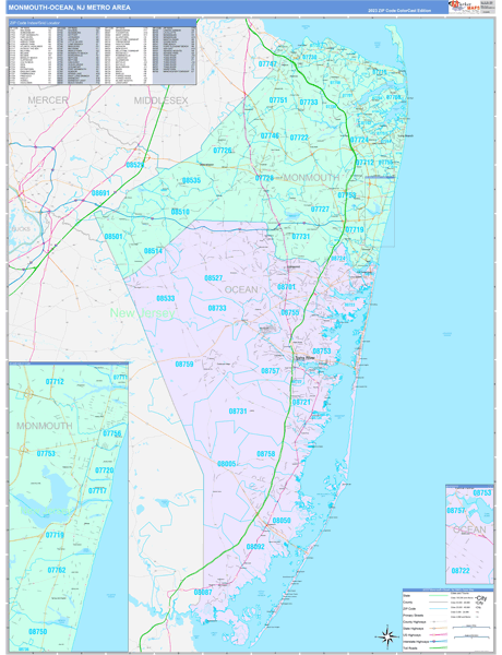 Monmouth-Ocean, NJ Metro Area Wall Map Color Cast Style by MarketMAPS ...