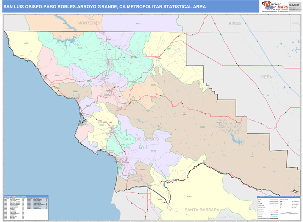 San Luis Obispo-Paso Robles-Arroyo Grande, CA Metro Area Wall Map Color ...