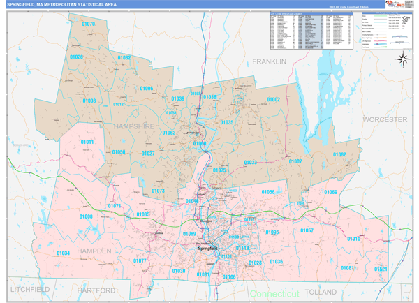 Springfield, MA Metro Area Wall Map Color Cast Style by MarketMAPS