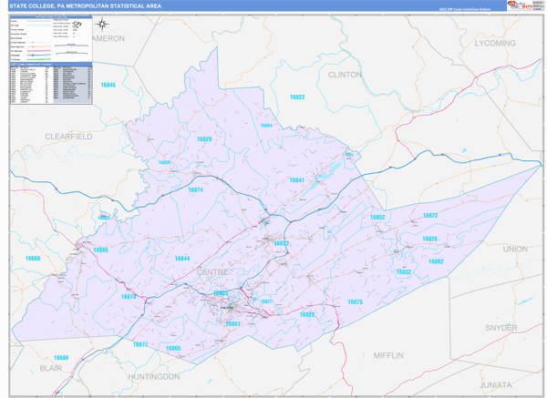 State College, PA Metro Area Wall Map Color Cast Style by MarketMAPS ...