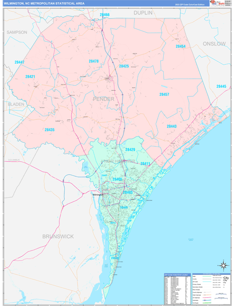 Wilmington Nc Metro Area Wall Map Color Cast Style By Marketmaps