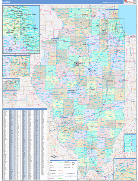 Illinois State Wall Map Color Cast Style