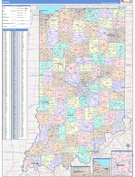 Indiana State Wall Map Color Cast Style