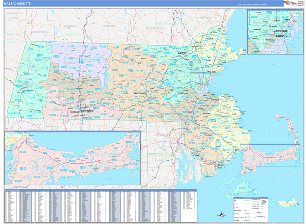 Massachusetts State Digital Map Color Cast Style