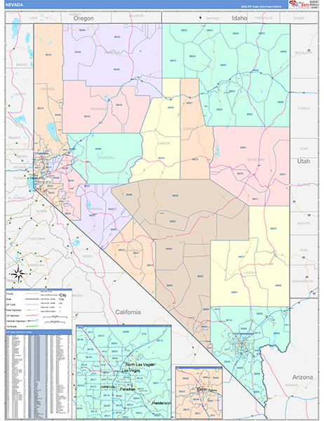 Nevada State Wall Map Color Cast Style