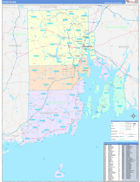 Rhode Island State Digital Map Color Cast Style