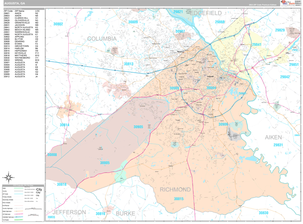 Augusta Zip Codes Map Augusta, GA Zip Code Map Premium Style