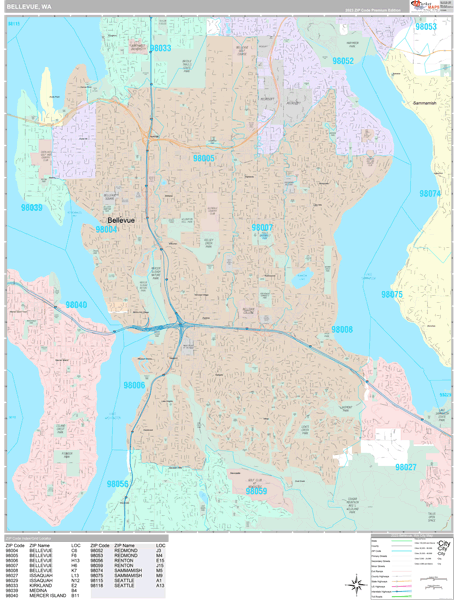 Bellevue, WA Wall Map
