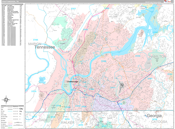 Chattanooga City Wall Map Premium Style