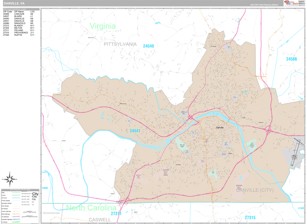 Danville Virginia 5 Digit Zip Code Maps - Color Cast