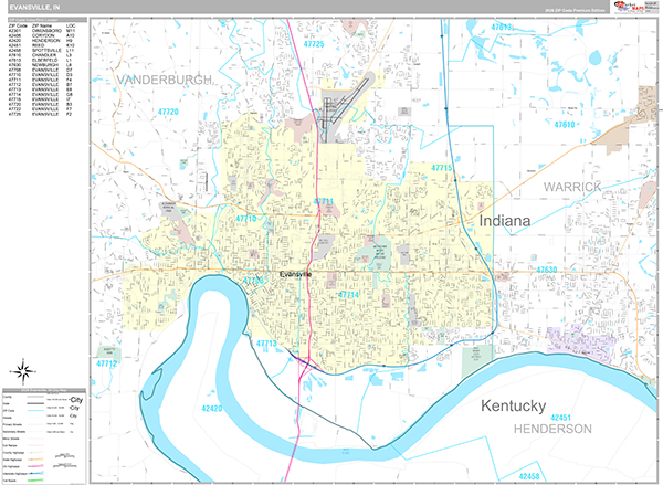 Evansville City Wall Map Premium Style