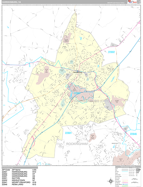 Harrisonburg Wall Map Premium Style