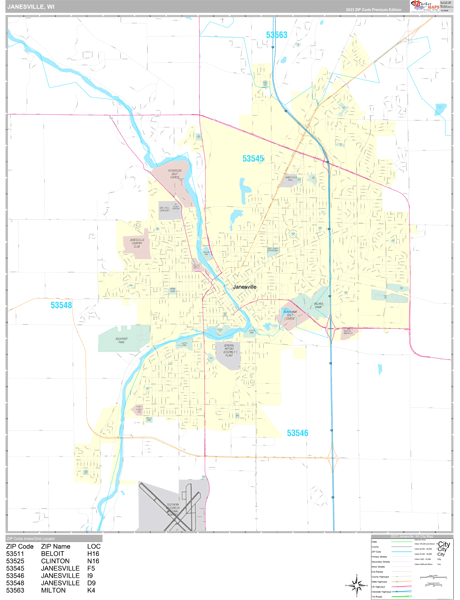 Janesville City Wall Map Premium Style