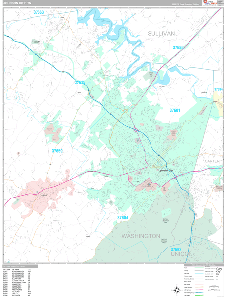 Johnson City Tennessee Wall Map (Premium Style) by MarketMAPS - MapSales