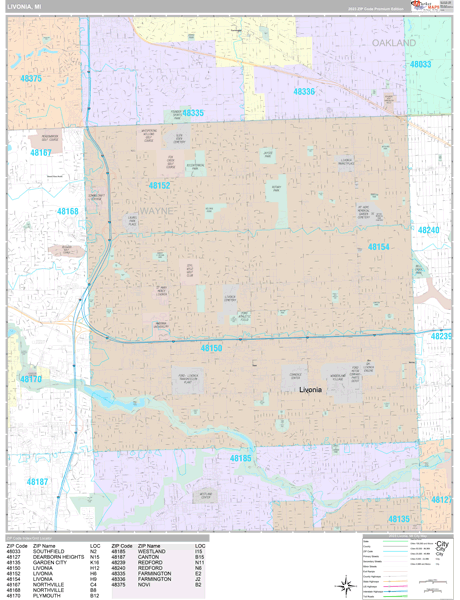 Livonia City Wall Map Premium Style