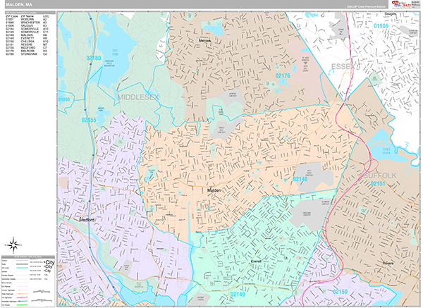 Malden, MA Zip Code Map