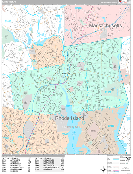Pawtucket City Wall Map Premium Style