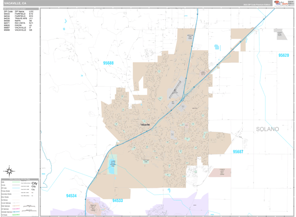 Vacaville City Wall Map Premium Style
