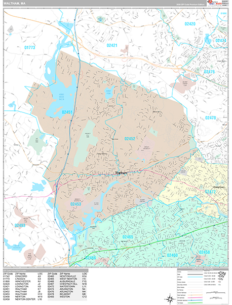 Waltham, MA Wall Map