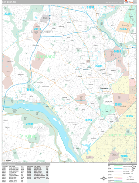 Bethesda Maryland Wall Map (Premium Style) by MarketMAPS - MapSales