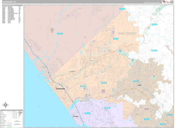 Zip Code Map Oceanside Ca Oceanside California Wall Map (Premium Style) by MarketMAPS