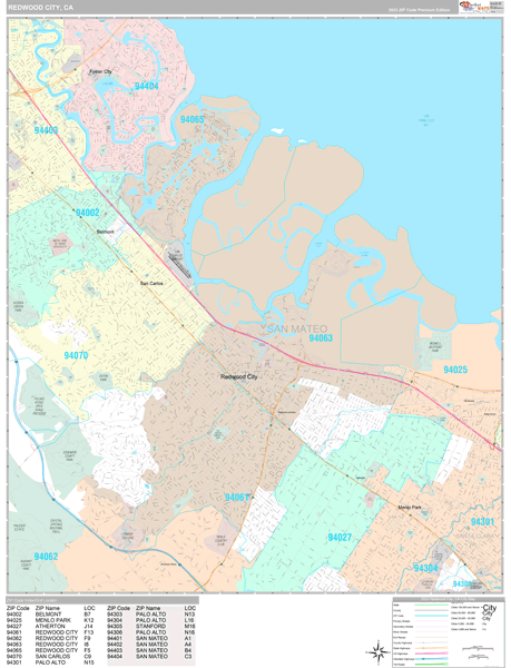 Redwood City Zip Code Map Redwood City California Wall Map (Premium Style) by MarketMAPS