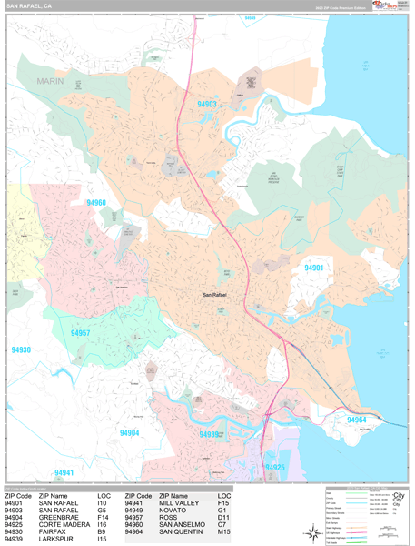 San Rafael Zip Code Map San Rafael California Wall Map (Premium Style) by MarketMAPS