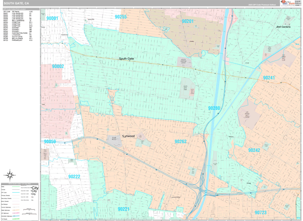 South Gate Zip Code Map South Gate California Wall Map (Premium Style) by MarketMAPS