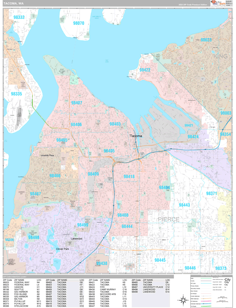 Tacoma, WA Zip Code Map Premium Style