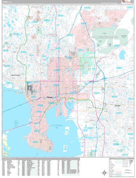 Hillsborough County, FL Zip Code Wall Map Basic Style by MarketMAPS -  MapSales