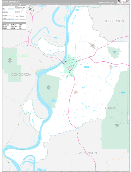 Adams County, MS Wall Map