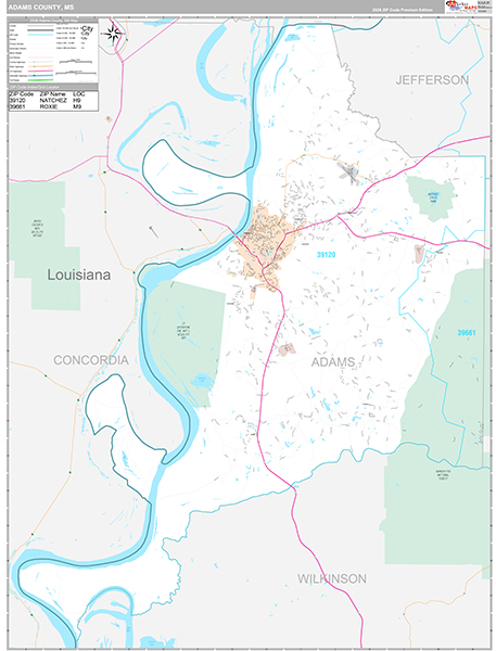 Adams County, MS Zip Code Map